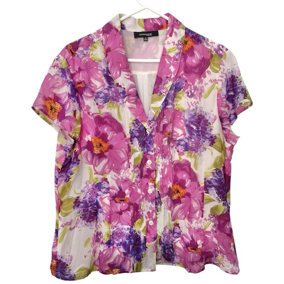 Jones Wear Tops - Jones Wear 16‎ Floral Blouse Short Sleeve Collared Poly Lined Spring Easter